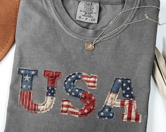 Comfort Colors® Vintage Faux Patchwork USA Shirt  Retro USA Tee Trendy 4th of July Gift