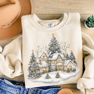 Retro Christmas Winter Houses Sweatshirt  Nineties 90s Mountain Pine Trees Decorated Houses Outfit  Boho Unisex Crewneck Sweatshirt