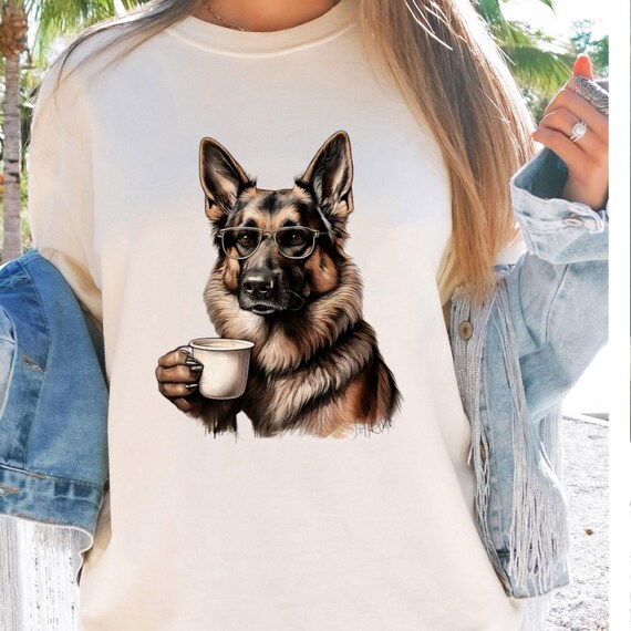 Comfort Colors®German Shepherd Dog Drinking Coffee & Wearing Glasses Shirt German Shepherd Shirt Funny Dog Shirt Dog Lover Shirt
