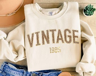 Leopard Vintage BirthdaySweatshirt Custom Year Sweatshirt  Born in [Year] Shirt  30th 40th 50th 60th Gift Retro Leopard Age Sweater