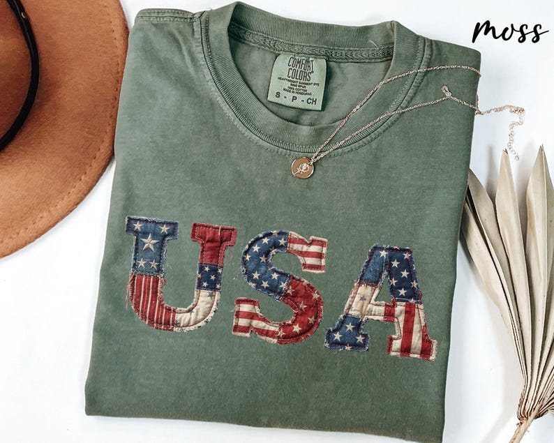 Comfort Colors® Vintage Faux Patchwork USA Shirt Retro USA Tee Trendy 4th of July Gift image 6