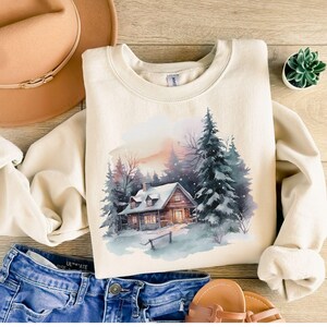 Retro Watercolor  90s Mountain Pine Trees Snowy Day Outfit Winter Scene Sweatshirt  Boho Unisex Crewneck Sweatshirt