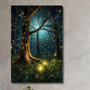 Illuminated Forest Fireflies Wall Art, Mystical Fantasy Painting, Enchanting Magical Forest Canvas, Mystical Forest Print, Mystical Art