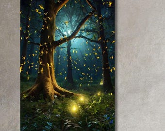 Verlichte bos vuurvliegjes kunst aan de muur, mystieke fantasie schilderij, betoverend magisch bos canvas, mystieke bos print, mystieke kunst