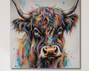 Tela decorativa da parete con mucca scozzese colorata, decorazione da parete con mucca scozzese colorata, dipinto personalizzato, soggiorno pronto da appendere, grande tela decorativa da parete