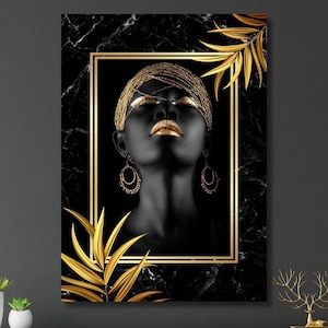 Black Gold Woman Canvas Wall Art|Gold Details, Afro American Model , African wall decor,Mother&#39;s Day Gift ,Modern Office Decor, Gift Ideas