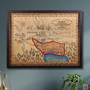 Poster de carte de Ponderosa, carte de la Ponderosa, art de toile de carte de Bonanza, affiche d'impression de Ponderosa Nevada, famille de Cartwright, décor de ferme