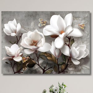 White Magnolia Painting Art, Gift for Home, Magnolia Canvas Print, Floral Wall Art, Flower Poster, Botanical Canvas Art, Nature Painting Art
