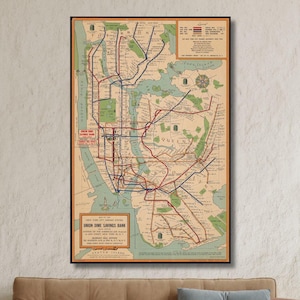 Carte du système de métro de la ville de New York, carte du métro de New York, carte vintage restaurée, impression fine sur poster ou impression sur toile, impression sur toile de la ville de New York déco