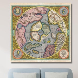 De eerste kaart van de noordpool van het noordpoolgebied door Mercator 1606 poster print art canvas, grote kaart kunst aan de muur, vintage wereldkaart, oude platte aardekaart