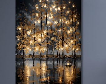 Lienzo decorativo de bosque de luciérnagas, arte de pared, decoración de bosque mágico místico, impresión artística de luciérnagas de bosque encantado, arte de pared botánico, decoración de luciérnagas