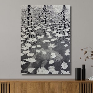 By Maurits Cornelis Escher Canvas Wall Art, M.C. Escher &quot;Three Worlds, 1955&quot; Title and description of the work on the back,Surrealist Poster