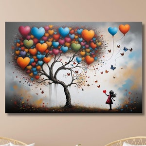 Banksy Girl with Hearts Ready To Hang Canvas Wall Art,Banksy Graffiti Poster,Banksy Graffiti Wall Art,Street Art,Gift for Girl Room Decor