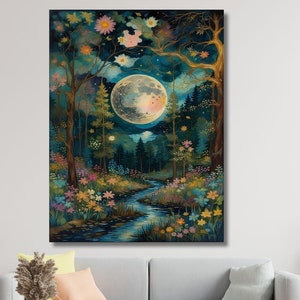 Gustav Klimt Night Village Night Print, Klimt Moon Stars Canvas Wall Art Modern Living Room Gold Flowers Night Sky wall art decor