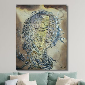 May include: Abstract painting of a face with swirling lines and a gold background.