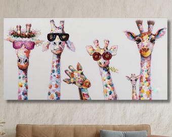 Giraffe Family Canvas Wall Art,Kids Wall Decor, Animal Wall Decoration,Giraffe Graffiti Print Banksy Giraffe Wall Art, Animal Wall Art Decor
