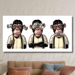 Three Wise Monkey Poster, Funny Monkey Poster, Three Monkey Money Version Poster, See No Evil, Monkeys Canvas Print, Three Wise Monkeys