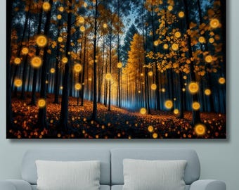 Verlichte bos vuurvliegjes kunst aan de muur, mystieke fantasie schilderij, betoverend magisch bos canvas, mystieke bos print, mystieke kunst