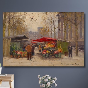 Edouard Leon Cortes Canvas Wall Art,The Flower Market next to the Madeleine Poster, The Parisian Poet of Painting,Paris Cityscapes Paints