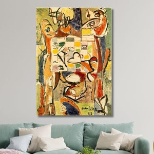 Puede incluir: Pintura abstracta con formas geométricas y orgánicas en tonos de amarillo, verde, rojo, azul y marrón. La pintura está firmada "Jackson Pollock 54".