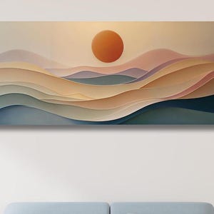 Abstract Sunset Panoramic Sun Canvas Art, boho Decor for Above Bed Famous Art,Large Wall Art, Minimalist Canvas Art,abstract Waves Line Art