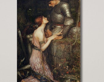 May include: A painting of a knight in armor kneeling before a woman in a pink dress. The knight is holding a sword and the woman is looking up at him. The painting is set in a forest.