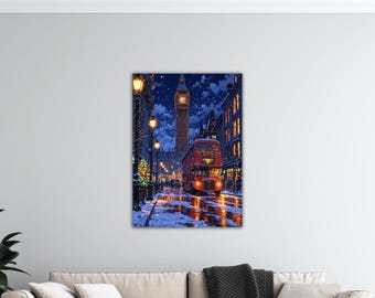 May include: A digital painting of a snowy London street scene at night. A red double-decker bus is lit up, driving past Big Ben. The street is wet with reflections of the lights, and snow is falling.