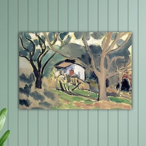 May include: An impressionistic painting of a small white house with a brown roof, set amongst trees. The artwork uses greens, browns, and blues, with visible brushstrokes. The painting is mounted on a green wall.