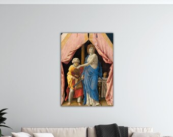May include: A Renaissance-style painting shows three figures beneath a draped canopy. A woman in a blue robe gestures towards a figure in yellow and red, holding a sword. The artwork features soft colours and detailed rendering.