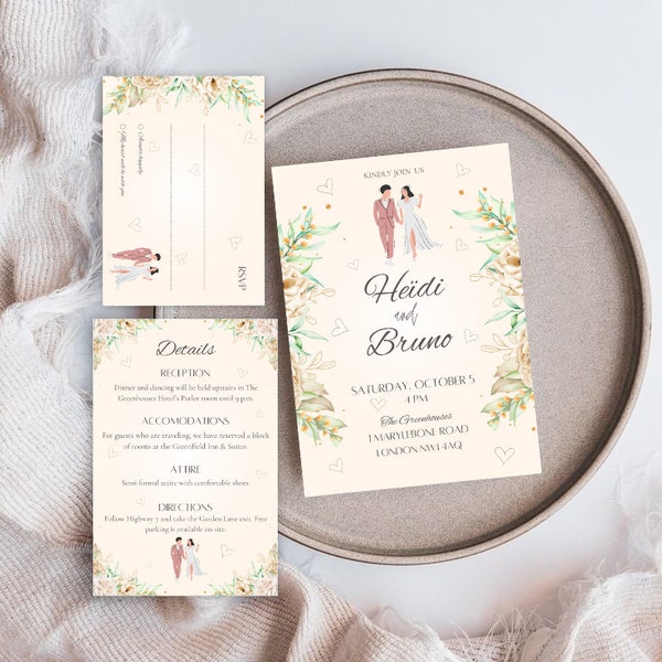 Wedding Invitation, Details and RSVP modifiable and printable | Classy, modern and pure Theme | Instantly downloadable!