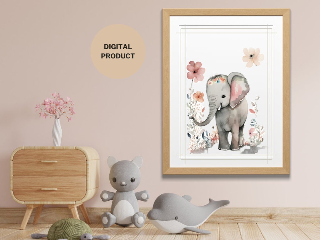 Adorable Baby Elephant Wall Art Floral Nursery Decor Print, Digital ...