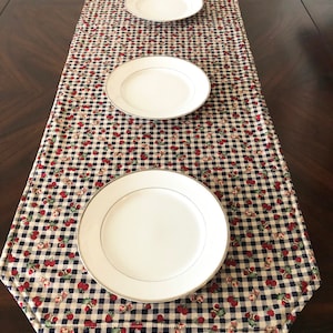 CHRISTMAS Table Runner Octagon Checks| Small Raspberries|Home Decor|Christmas Table Decor|Farmhouse Christmas|Raspberry Christmas Table|Ooak