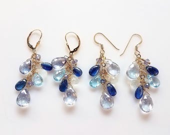 Kyanite, blue quartz and moonstone 14kt yellow gold-filled dangle earrings -  made to order