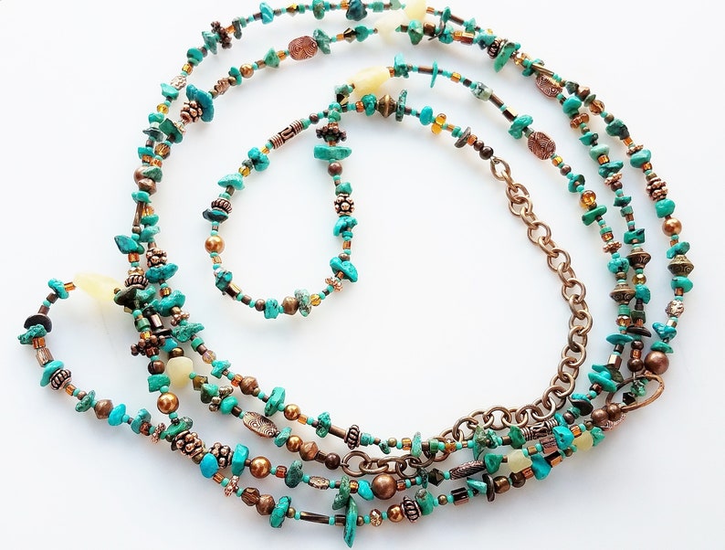 Turquoise Colcite Turquoise, Calcite and Metallic Bead Wrappable Necklace - 61