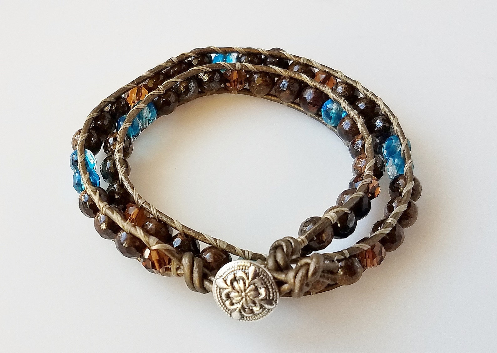 Brown leather wrap bracelet with bronzite teal and brown Etsy