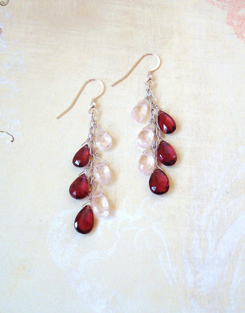 large morganite and rhodolite garnet gemstone dangle 14kt rose gold filled earrings