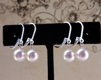 white crystal pearls and Sterling silver one inch drop earrings - bridal, bridesmaid, wedding