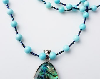 Abalone and Peruvian blue opal 34 inch necklace