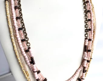 Pink seed bead antiqued bronze necklace set