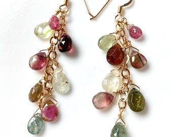 Watermelon Tourmaline cascade dangle gold earrings