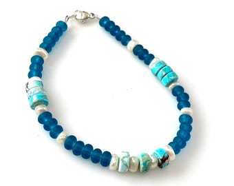 Turquoise, pearl and glass bead bracelet