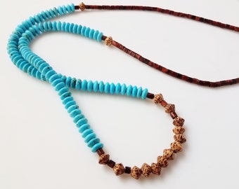 Turquoise and red Tiger eye 35 inch necklace with palm wood beads