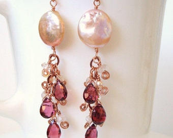 rose gold rhodolite garnet morganite peachy pink coin pearl dangles - Made to order