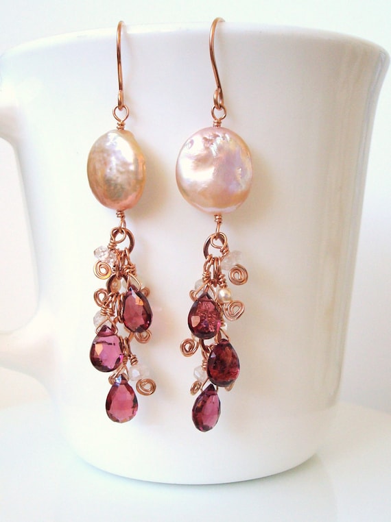 large morganite and rhodolite garnet gemstone dangle 14kt rose gold filled earrings