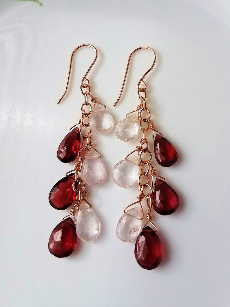 large morganite and rhodolite garnet gemstone dangle 14kt rose gold filled earrings