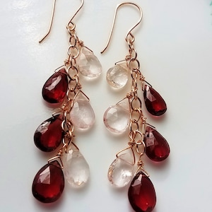 large morganite and rhodolite garnet gemstone dangle 14kt rose gold filled earrings