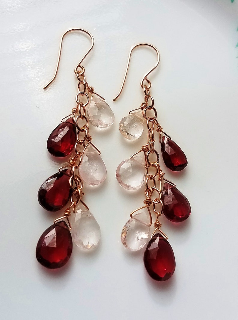 large morganite and rhodolite garnet gemstone dangle 14kt rose gold filled earrings