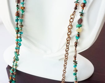 Turquoise, calcite and metallic bead wrappable necklace - 61" or made to order
