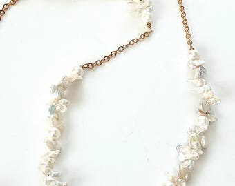 Keishi pearl and yellow gold filled evening, wedding, bridal necklace