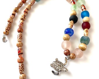 African mottled glass, wooden bead and sterling silver terrapin 26 inch necklace
